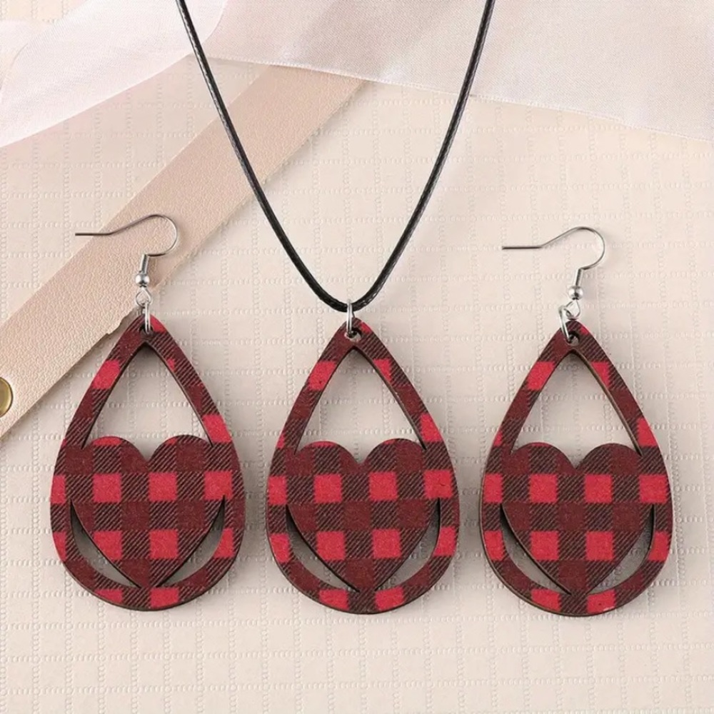 Water drop wood Buffalo plaid heart leather cord necklace and earrings set new